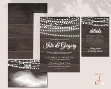 Load image into Gallery viewer, Barn Wood & String Lights Rustic Wedding Invitation Suite