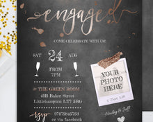 Load image into Gallery viewer, Chalkboard & String Lights Engagement Party Invitation