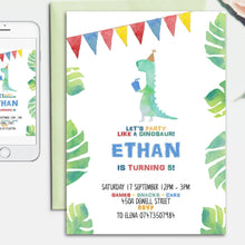 Load image into Gallery viewer, Dinosaur Birthday Self Editing Invitation Template, Editable Jurassic Party T-Rex Invite