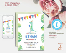 Load image into Gallery viewer, Dinosaur Birthday Self Editing Invitation Template, Editable Jurassic Party T-Rex Invite