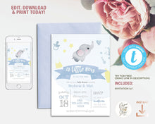 Load image into Gallery viewer, Elephant Baby Boy Shower Self Editing Invitation Template, Watercolor Printable Baby Elephant Instant Download Invite