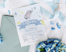 Load image into Gallery viewer, Elephant Baby Boy Shower Self Editing Invitation Template, Watercolor Printable Baby Elephant Instant Download Invite