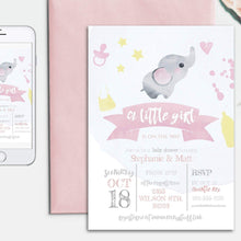 Load image into Gallery viewer, Elephant Baby Girl Shower Invitation Template