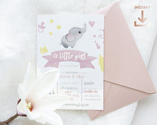 Load image into Gallery viewer, Elephant Baby Girl Shower Invitation Template