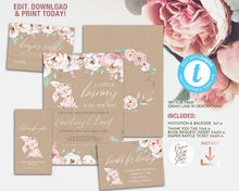 Load image into Gallery viewer, Floral Bunny Baby Girl Shower Invitation Set in Kraft Brown