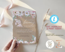 Load image into Gallery viewer, Floral Bunny Baby Girl Shower Invitation Set in Kraft Brown