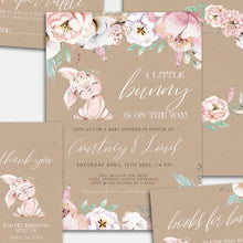 Load image into Gallery viewer, Floral Bunny Baby Girl Shower Invitation Set in Kraft Brown