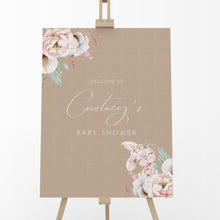 Load image into Gallery viewer, Floral Bunny Baby Girl Shower Welcome Board in Kraft Brown