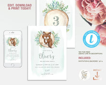 Load image into Gallery viewer, Fox Woodland Greenery Birthday Invitation