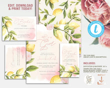 Load image into Gallery viewer, Lemon Greenery & Roses Baby Girl Shower Invitation Set in Pink