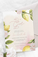 Load image into Gallery viewer, Lemon Greenery & Roses Baby Girl Shower Invitation Set in Pink