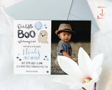 Load image into Gallery viewer, Little Boo Boy Cute Ghost Fall Birthday Photo Invitation