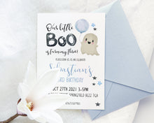 Load image into Gallery viewer, Little Boo Cute Blue Ghost Halloween Birthday Invitation