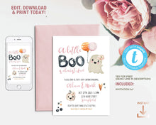 Load image into Gallery viewer, Little Boo Halloween Baby Shower Invitation, Cute Pink Ghost Girl Shower Editable Template