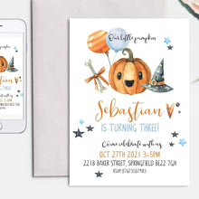 Load image into Gallery viewer, Little Pumpkin Fall Birthday Invitation in Blue