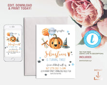 Load image into Gallery viewer, Little Pumpkin Fall Birthday Invitation in Blue