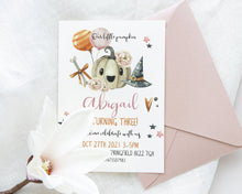Load image into Gallery viewer, Little Pumpkin Fall Birthday Invitation in Pink