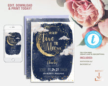 Load image into Gallery viewer, Off Two the Moon Second Birthday Invitation in Gold and Navy