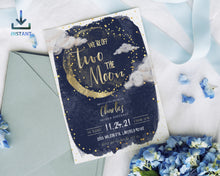 Load image into Gallery viewer, Off Two the Moon Second Birthday Invitation in Gold and Navy