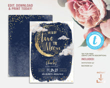Load image into Gallery viewer, Off Two the Moon Second Birthday Invitation in Gold and Navy