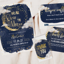 Load image into Gallery viewer, Over the Moon Baby Shower Invitation Set in Navy & Gold