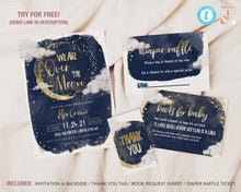 Load image into Gallery viewer, Over the Moon Baby Shower Invitation Set in Navy & Gold