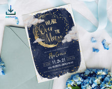 Load image into Gallery viewer, Over the Moon Baby Shower Invitation Set in Navy & Gold