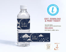 Load image into Gallery viewer, Over the Moon Navy Blue and Silver Starry Night Water Bottle Label Editable Template, Moon and Stars Shower, Birthday, Printable Download