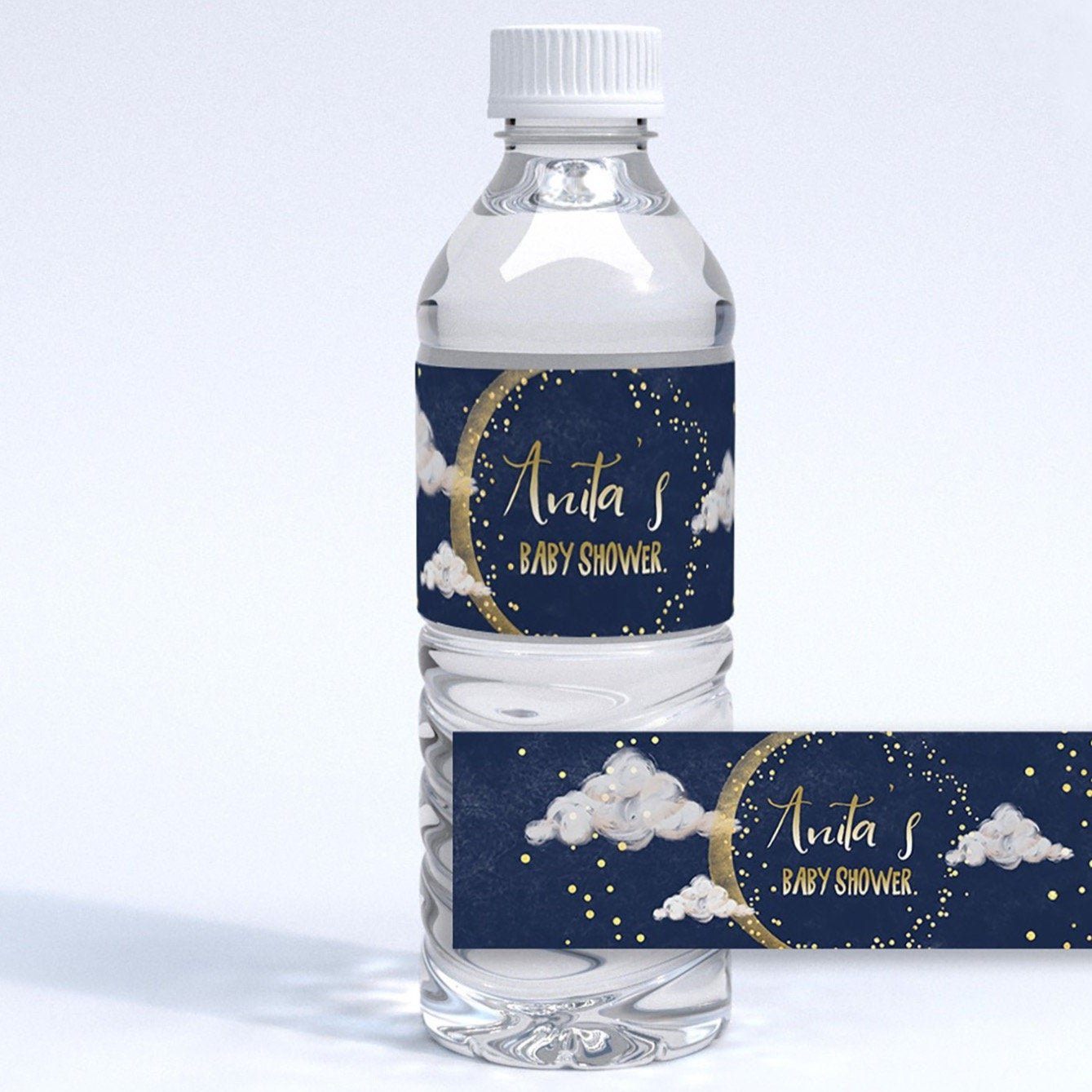 Over the Moon Navy Blue & Gold Water Bottle Label – PaperPropsUK for Free Printable Bridal Shower Water Bottle Labels