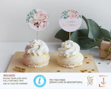 Load image into Gallery viewer, Pink Rose & Eucalyptus Cupcake Topper Round Tag - ROSANNA