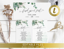 Load image into Gallery viewer, Printable Wedding Seating Chart template, Editable DIY Hanging Cards seating plan, Greenery Eucalyptus Elegant Reception Welcome Boho Chart
