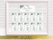 Load image into Gallery viewer, Printable Wedding Seating Chart template, Editable DIY Hanging Cards seating plan, Greenery Eucalyptus Elegant Reception Welcome Boho Chart