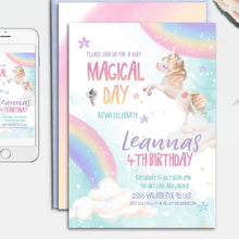 Load image into Gallery viewer, Rainbow & Unicorn Birthday Invitation