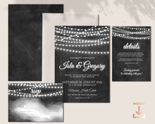 Load image into Gallery viewer, Rustic Chalkboard & String Lights Wedding Invitation Suite