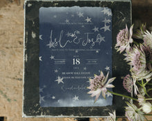 Load image into Gallery viewer, Starry Night Celestial Full Wedding Invitation Suite in Dark Blue with Silver Stars - NOVA