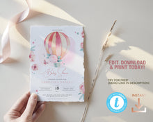 Load image into Gallery viewer, Up Up and Away Balloon Baby Shower Invitation in Pink