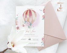 Load image into Gallery viewer, Up Up and Away Balloon Baby Shower Invitation in Pink