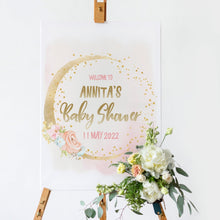 Load image into Gallery viewer, We are Over the Moon Blush Floral Baby Shower Welcome Board