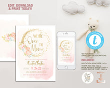 Load image into Gallery viewer, We are Over the Moon Floral Pink Baby Girl Shower Invitation Set
