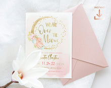 Load image into Gallery viewer, We are Over the Moon Floral Pink Baby Girl Shower Invitation Set