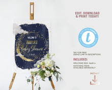 Load image into Gallery viewer, We are Over the Moon Gold & Navy Baby Shower Welcome Board