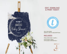 Load image into Gallery viewer, We are Over the Moon Silver & Navy Baby Shower Welcome Board