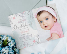 Load image into Gallery viewer, Winter ONEderland Snowflake 1st Birthday Photo Invitation in Pink