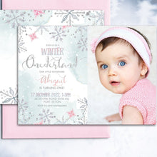 Load image into Gallery viewer, Winter ONEderland Snowflake 1st Birthday Photo Invitation in Pink