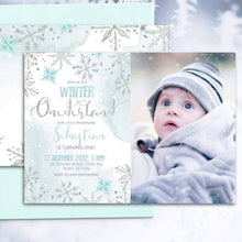 Load image into Gallery viewer, Winter ONEderland Snowflake First Birthday Photo Invitation