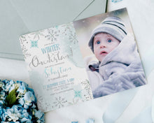 Load image into Gallery viewer, Winter ONEderland Snowflake First Birthday Photo Invitation