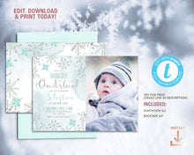 Load image into Gallery viewer, Winter ONEderland Snowflake First Birthday Photo Invitation