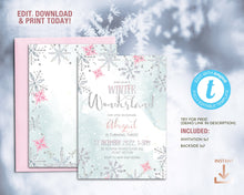 Load image into Gallery viewer, Winter Wonderland Snowflake Birthday Invitation in Pink