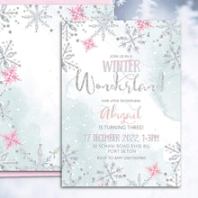 Load image into Gallery viewer, Winter Wonderland Snowflake Birthday Invitation in Pink