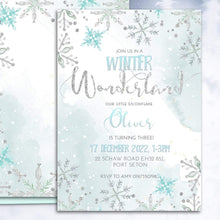 Load image into Gallery viewer, Winter Wonderland Snowflake Birthday Invitation